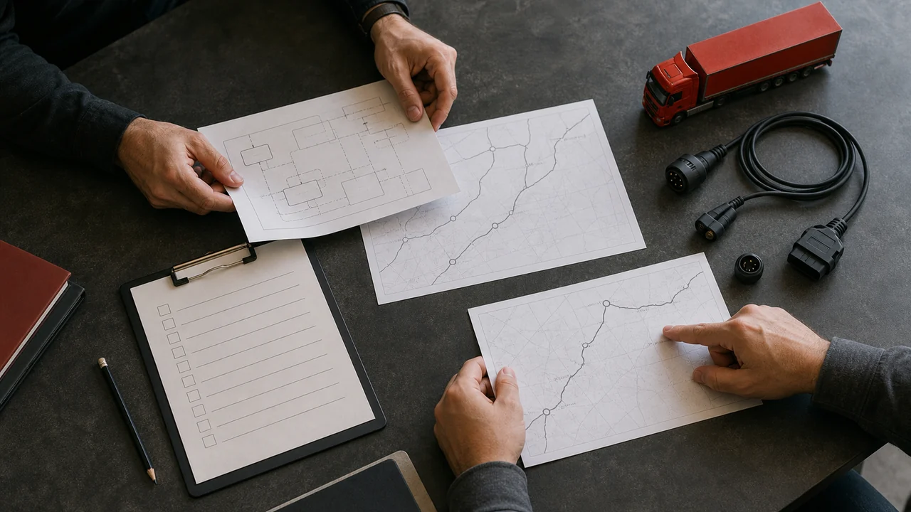 Overhead HGV project review table with hands, route sheets, checklist and unbranded connectors