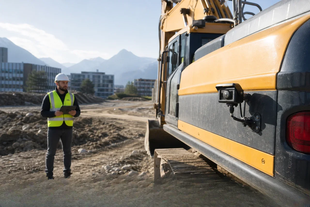 Construction-site worker reviewing an excavator beside a mounted camera