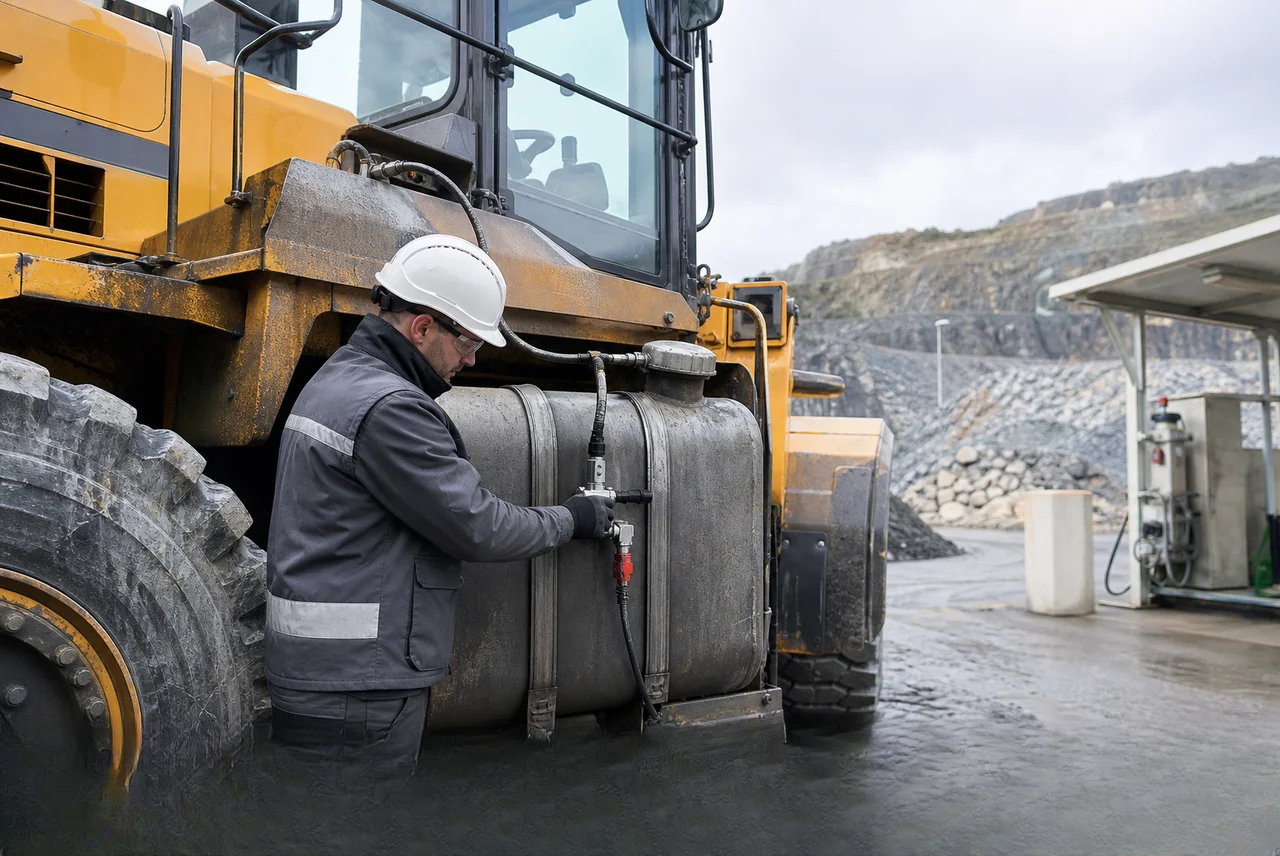 Technician checking a construction vehicle connection in a quarry