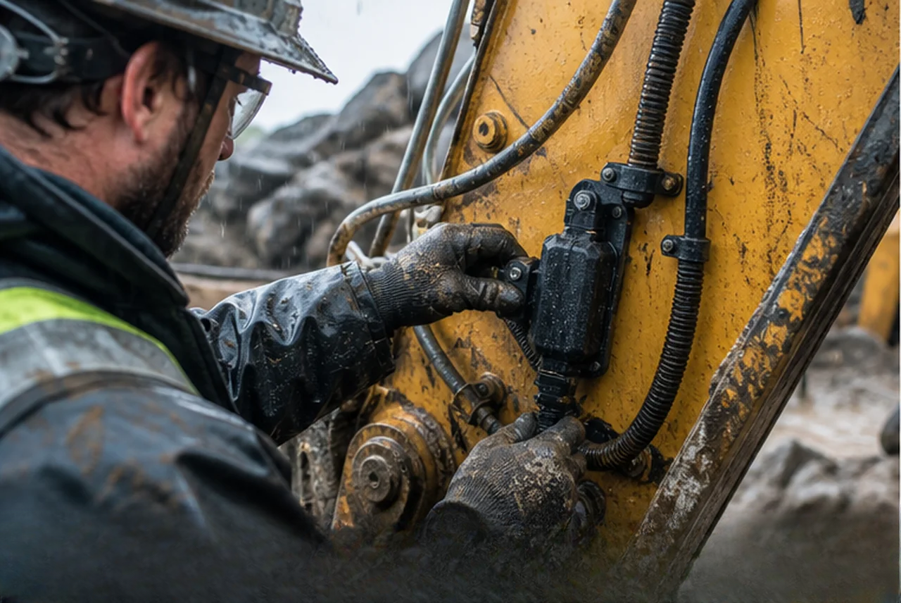 Technician installing a tracker on an outdoor construction asset