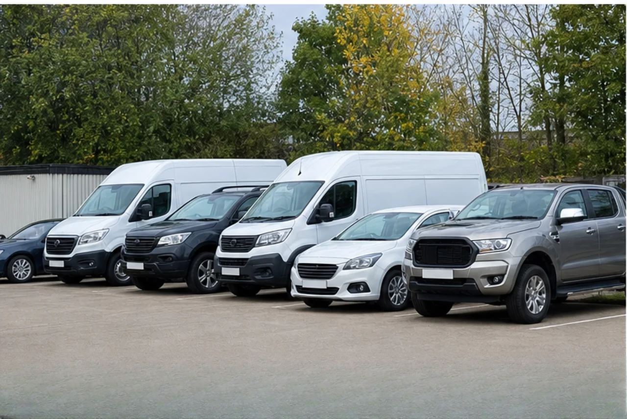 Mixed vans and cars parked in a lot