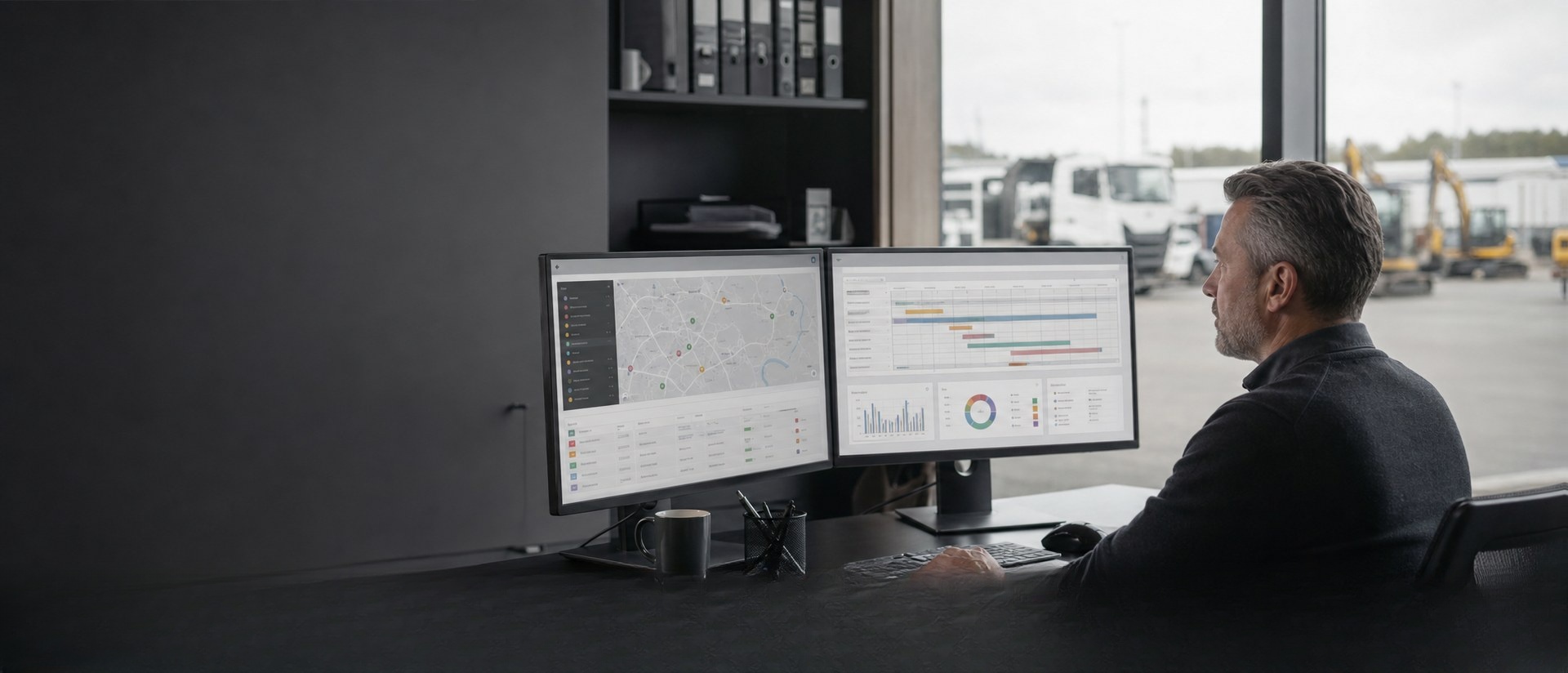 Operator reviewing fleet data on two screens