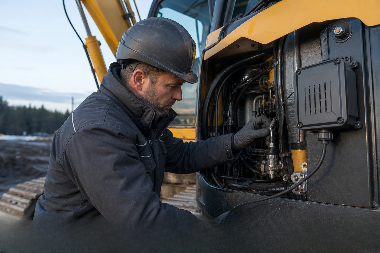 Technician inspecting an excavator engine bay