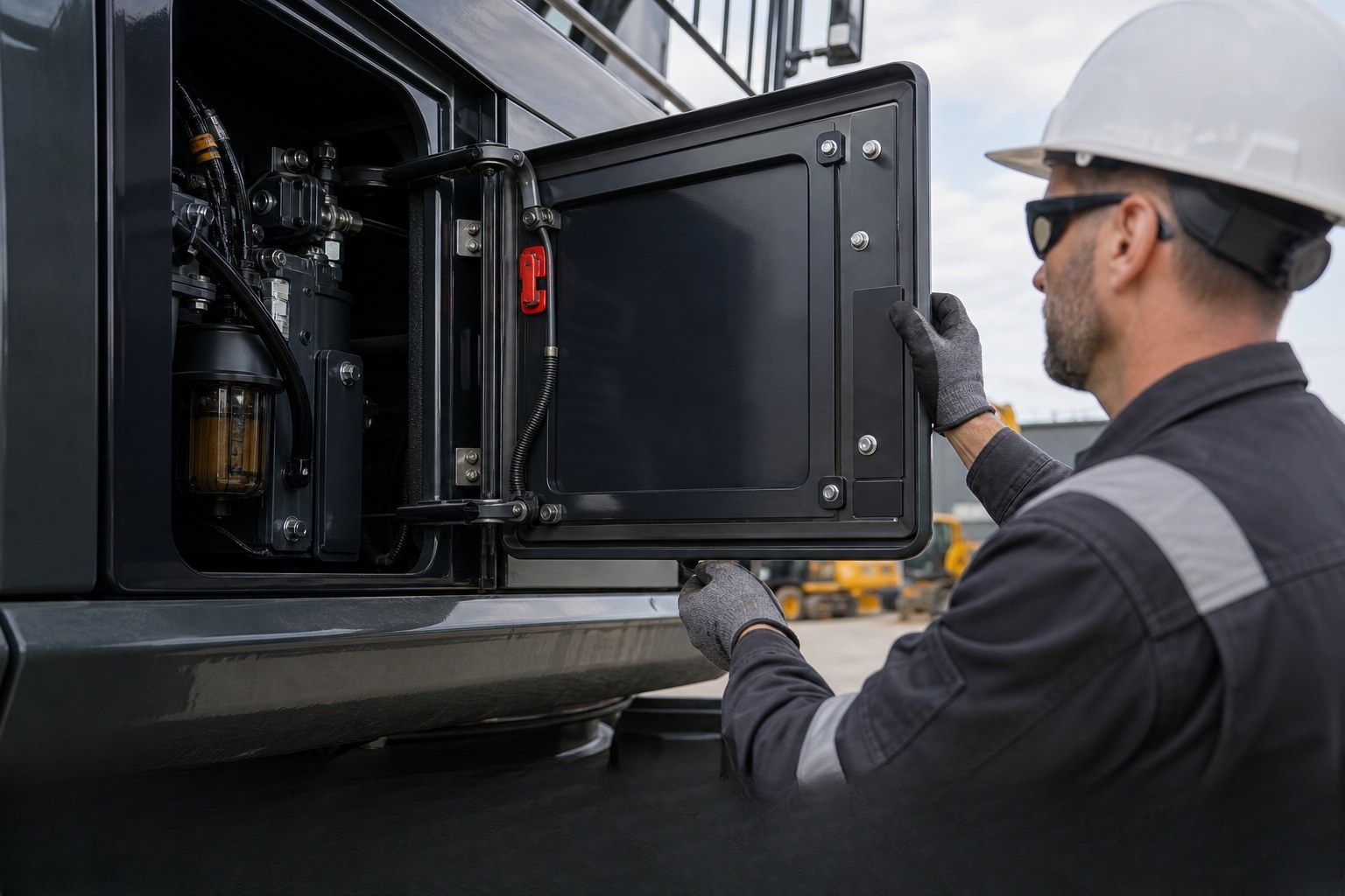 Worker opening an excavator service compartment