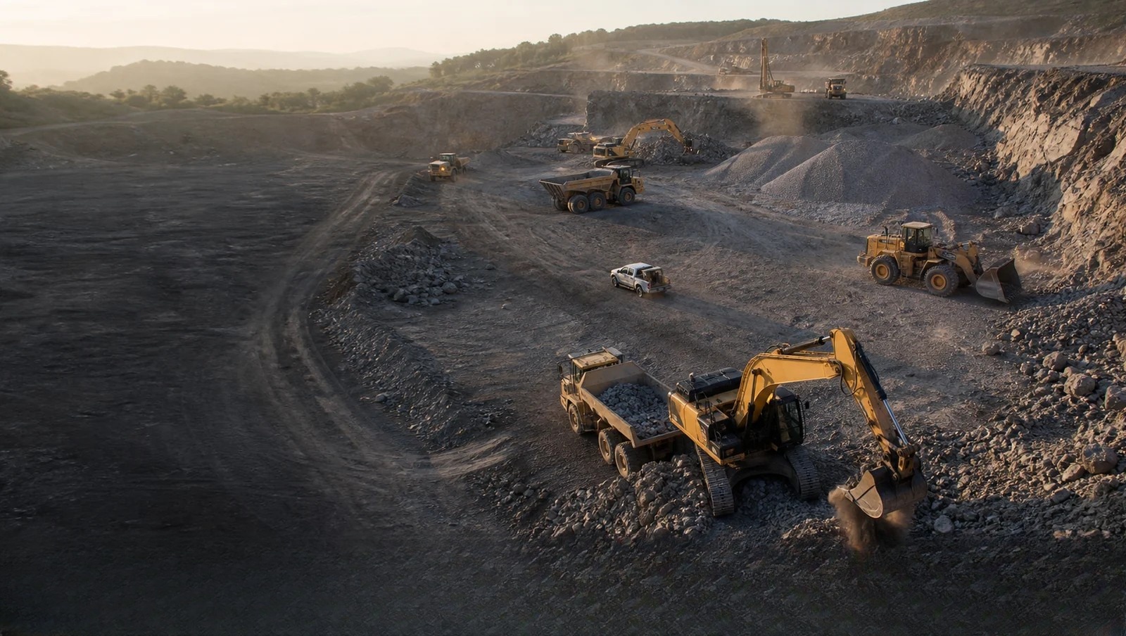 Excavators and haul trucks at a rocky quarry