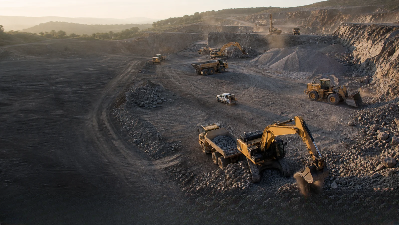 Aerial view of working machines across a quarry site