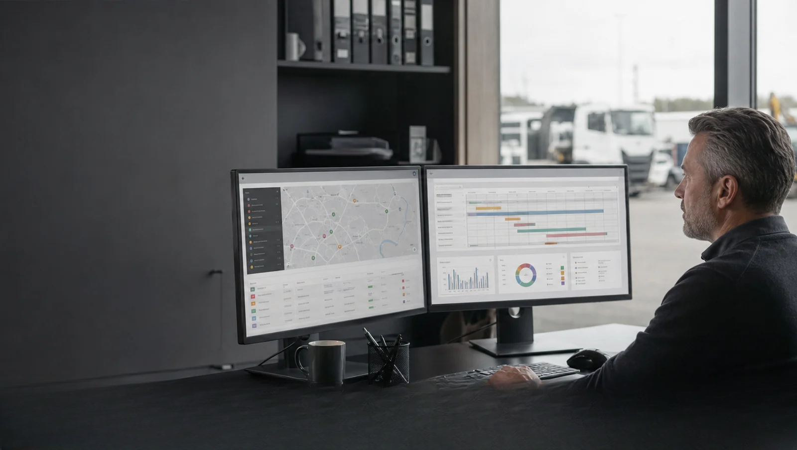 Fleet manager reviewing equipment and vehicle activity on office screens