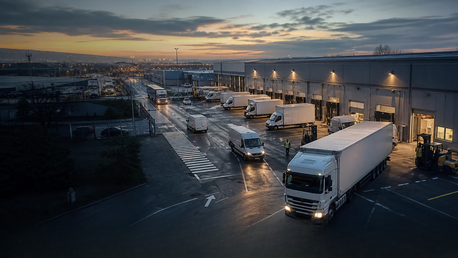 Delivery vans and trucks leaving a logistics depot at dawn