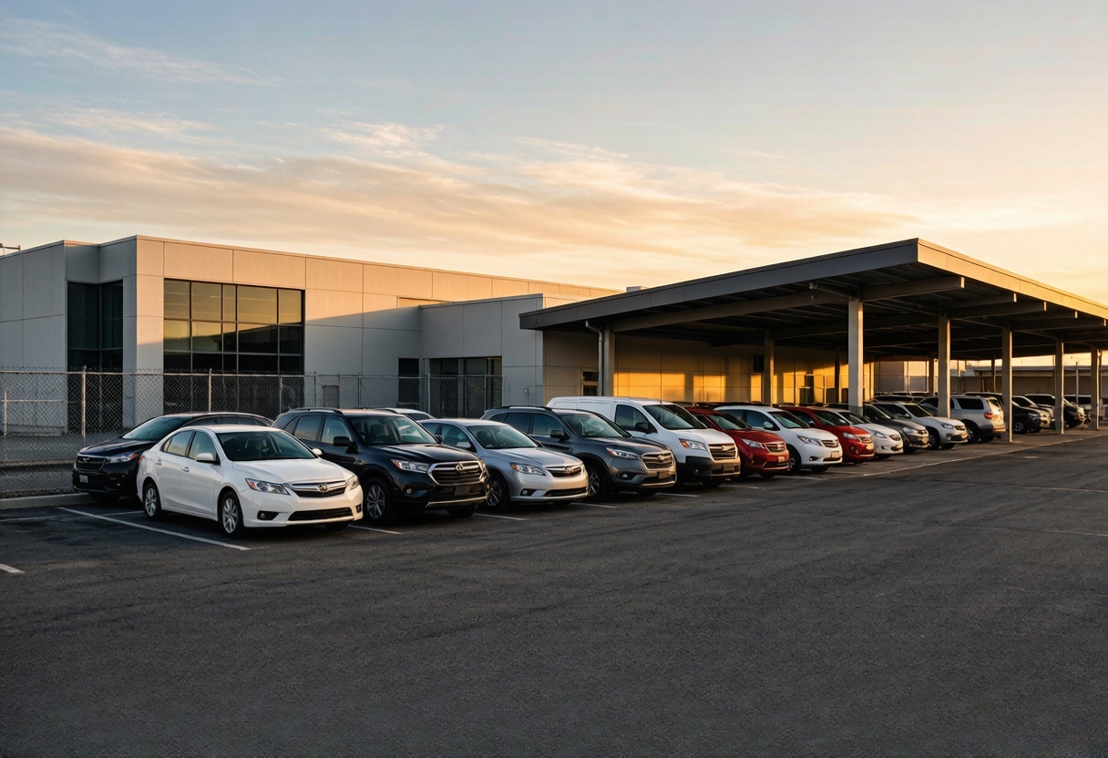 Rental cars lined up outside a warehouse