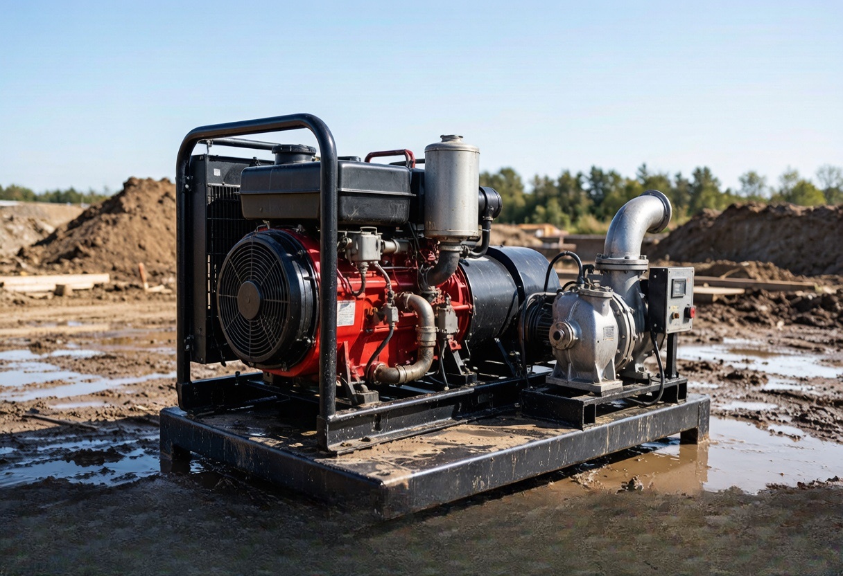 Portable pump resting on a muddy site
