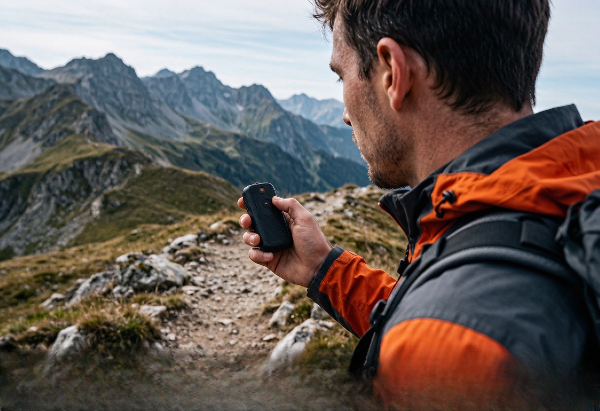 Hiker holding a small black device on a mountain trail