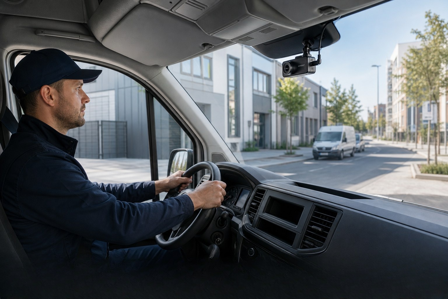 Driver in a delivery van cab with a device mounted on the windscreen