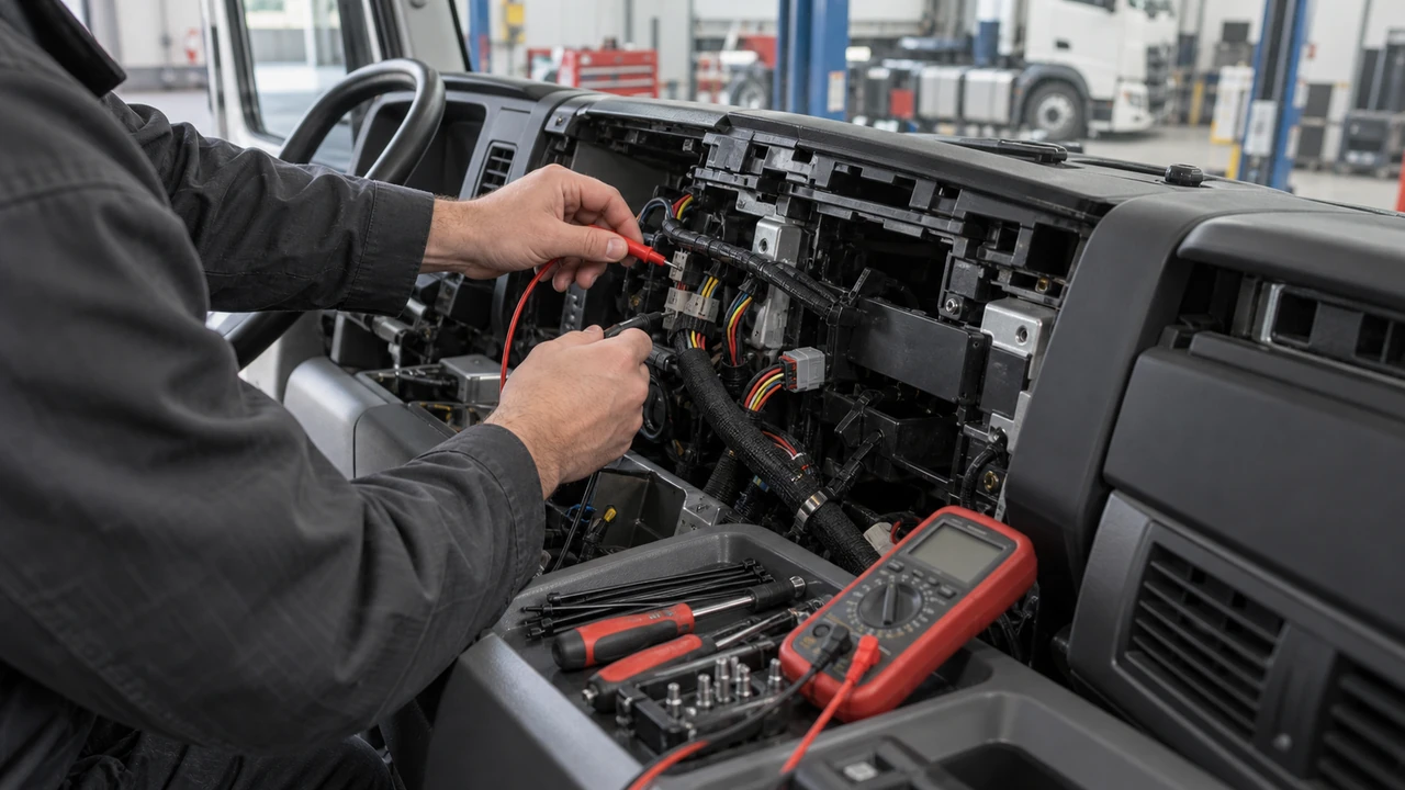 Professional installer checking an unbranded HGV behind-dash harness and interface with tools and a multimeter