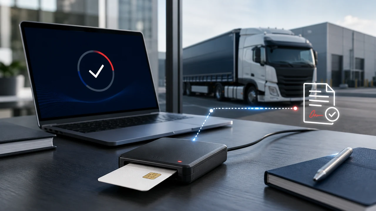 Neutral authentication responsibility diagram with a card reader, vehicle unit, request path and signed file checklist