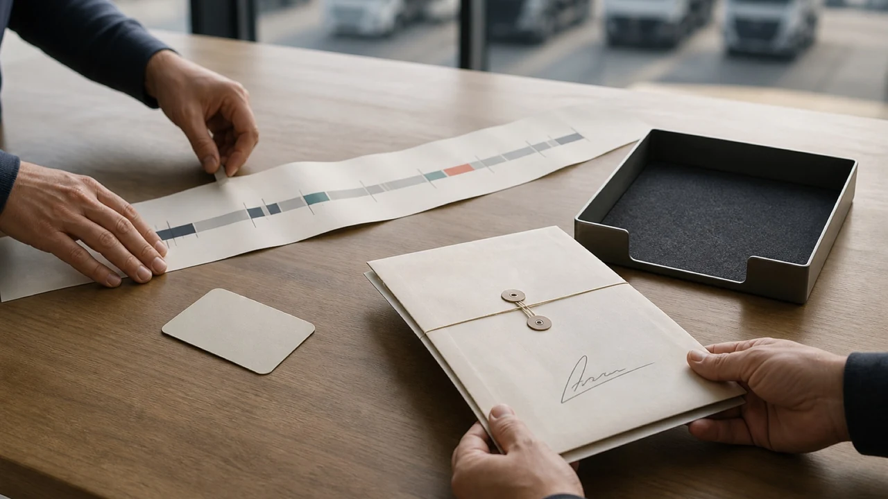 Fleet operations team arranging an abstract download timeline beside a signed document handoff tray